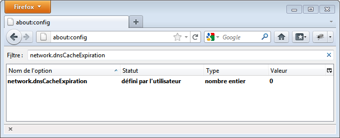 Désactiver le cache DNS de FireFox